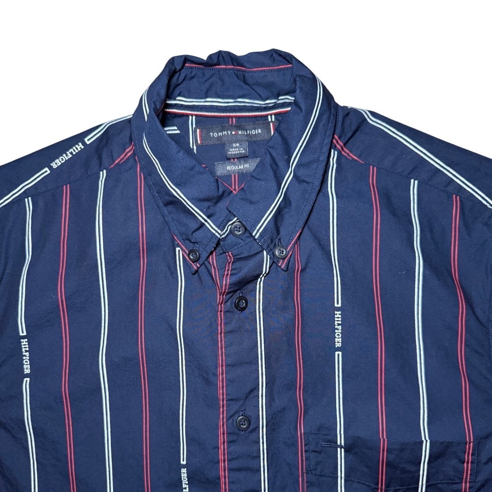 Tommy Hilfiger Short Sleeve Button Down Shirt Mens Small Navy Blue Striped Logo
